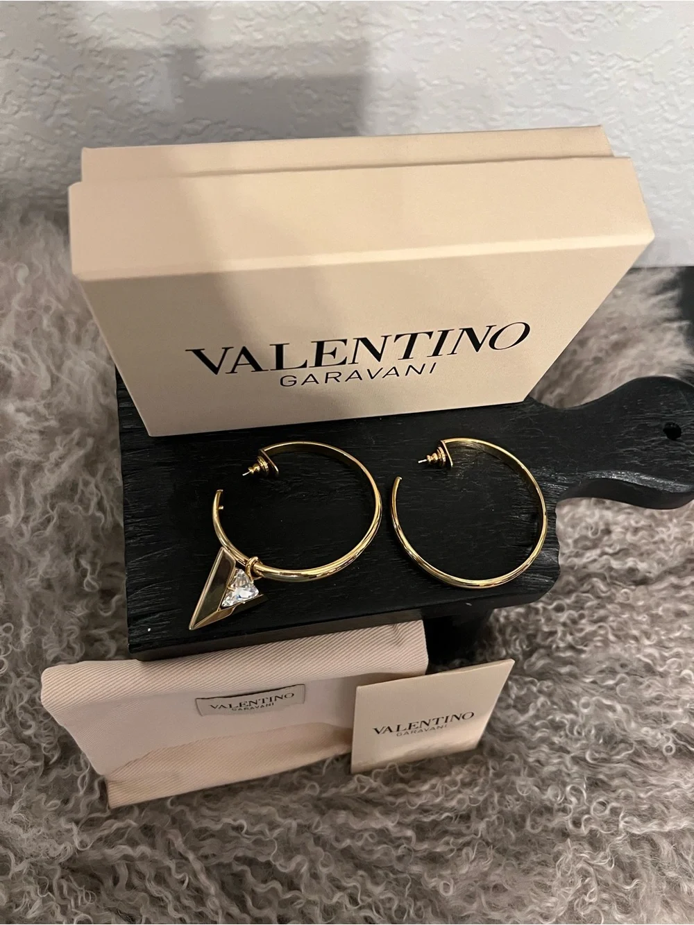 Valentino Garavani Gold Hoop Earrings with Triangle Crystal Charm “Je Les V”